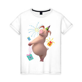 Женская футболка хлопок с принтом праздничная свинка в Рязани, 100% хлопок | прямой крой, круглый вырез горловины, длина до линии бедер, слегка спущенное плечо | 