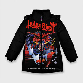 Зимняя куртка для девочек 3D с принтом Judas Priest в Рязани, ткань верха — 100% полиэстер; подклад — 100% полиэстер, утеплитель — 100% полиэстер. | длина ниже бедра, удлиненная спинка, воротник стойка и отстегивающийся капюшон. Есть боковые карманы с листочкой на кнопках, утяжки по низу изделия и внутренний карман на молнии. 

Предусмотрены светоотражающий принт на спинке, радужный светоотражающий элемент на пуллере молнии и на резинке для утяжки. | judas priest | metal | rock | группы | метал | музыка | рок | хард рок | хэви метал