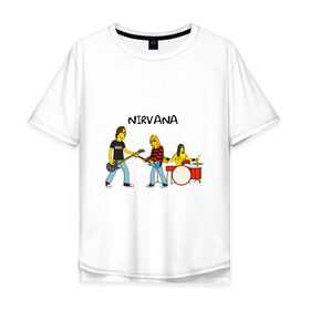 Мужская футболка хлопок Oversize с принтом Nirvana в стиле simpsons в Рязани, 100% хлопок | свободный крой, круглый ворот, “спинка” длиннее передней части | Тематика изображения на принте: nirvana | simpsons | барабаны | басы | гитара | курт | курт кобейн | музыканты | мультик | нирвана | рок | симпсоны