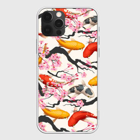 Чехол для iPhone 12 Pro Max с принтом Карпы кои Сакура в Рязани, Силикон |  | Тематика изображения на принте: fightin | белые | ветки | вишня | графика | золотая | иллюстрация | карпы | картинка | кои | косяк | красные | мода | молодежная | оранжевые | орнамент | плывут | природа | пятна | рисунок | розовая | рыба
