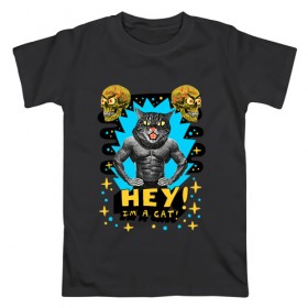 Мужская футболка хлопок с принтом Hey! I`m a cat! в Рязани, 100% хлопок | прямой крой, круглый вырез горловины, длина до линии бедер, слегка спущенное плечо. | абстракция | голова кошки | звездочки | звезды | кошачьи глаза | кошка | психоделика | трэш | человеческое тело | череп | эй | я кот