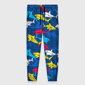 Женские брюки 3D с принтом Акулы в Рязани, полиэстер 100% | прямой крой, два кармана без застежек по бокам, с мягкой трикотажной резинкой на поясе и по низу штанин. В поясе для дополнительного комфорта — широкие завязки | blue | drawin | fashion | fish | illustration | ocean | predator | red | sea | sharks | style | water | yellow | youth | акулы | вода | графика | жёлтый | иллюстрация | картинка | красный | мода | молодежная | море | океан | рисунок | рыба | син