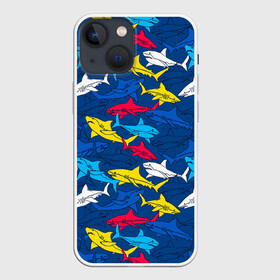 Чехол для iPhone 13 mini с принтом Акулы в Рязани,  |  | blue | drawin | fashion | fish | illustration | ocean | predator | red | sea | sharks | style | water | yellow | youth | акулы | вода | графика | жёлтый | иллюстрация | картинка | красный | мода | молодежная | море | океан | рисунок | рыба | син