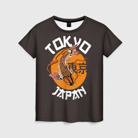 Женская футболка 3D с принтом Токио в Рязани, 100% полиэфир ( синтетическое хлопкоподобное полотно) | прямой крой, круглый вырез горловины, длина до линии бедер | carp | city | country | fashio | fish | gold | great | hieroglyphs | japan | koi | sun | symbol | tokyo | акварель | большое | город | графика | золотая | иероглифы | иллюстрация | карп | картинка | кои | мода | рисунок | рыбка | символ | солнце