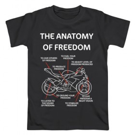 Мужская футболка хлопок с принтом The anatomy of freedom в Рязани, 100% хлопок | прямой крой, круглый вырез горловины, длина до линии бедер, слегка спущенное плечо. | Тематика изображения на принте: анатомия | байкер | колёса | мотоцикл | свобода | скорость | схема