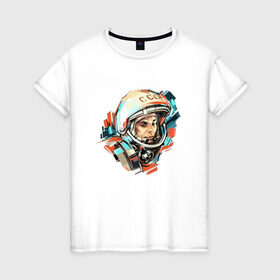 Женская футболка хлопок с принтом Гагарин в Рязани, 100% хлопок | прямой крой, круглый вырез горловины, длина до линии бедер, слегка спущенное плечо | 12 апреля | астронавт | вселенная | день космонавтики | звезды | космонавт | космос | луна | планета | поехали | полет | ссср | юрий