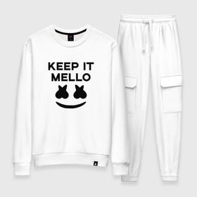 Женский костюм хлопок с принтом KEEP IT MELLO (Marshmello) в Рязани, 100% хлопок | на свитшоте круглая горловина, мягкая резинка по низу. Брюки заужены к низу, на них два вида карманов: два 