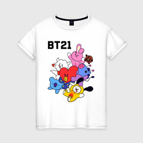 Женская футболка хлопок с принтом BT21 Mascots в Рязани, 100% хлопок | прямой крой, круглый вырез горловины, длина до линии бедер, слегка спущенное плечо | bangtan boys | bt21mascots | bts | chimmy | cooky | koya | mang | rj | shooky | tata | van