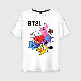 Женская футболка хлопок Oversize с принтом BT21 Mascots в Рязани, 100% хлопок | свободный крой, круглый ворот, спущенный рукав, длина до линии бедер
 | bangtan boys | bt21mascots | bts | chimmy | cooky | koya | mang | rj | shooky | tata | van