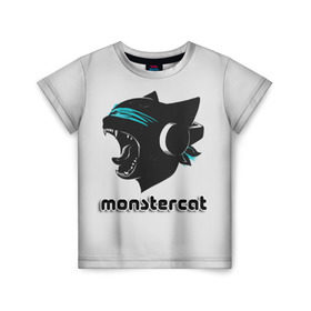 Детская футболка 3D с принтом Monstercat в Рязани, 100% гипоаллергенный полиэфир | прямой крой, круглый вырез горловины, длина до линии бедер, чуть спущенное плечо, ткань немного тянется | monstercat | клуб | клубная музыка | кот | котенок | кошка | лейбл | монстар | монстар кет | монстер | музыка | танцевальная музыка | электронная | электронная музыка