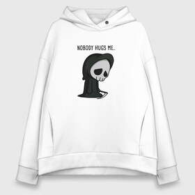 Женское худи Oversize хлопок с принтом Nobody Hugs Me в Рязани, френч-терри — 70% хлопок, 30% полиэстер. Мягкий теплый начес внутри —100% хлопок | боковые карманы, эластичные манжеты и нижняя кромка, капюшон на магнитной кнопке | грусть | коса | милый | мимими | обнимашки | объятие | печаль | скелет | уныние | череп