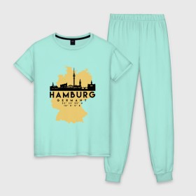 Женская пижама хлопок с принтом Гамбург - Германия в Рязани, 100% хлопок | брюки и футболка прямого кроя, без карманов, на брюках мягкая резинка на поясе и по низу штанин | adventure | city | germany | travel | world | берлин | гамбург | германия | город | государство | европа | жизнь | карта | культура | люди | мир | народ | партиот | планета | приключение | путешествие | спорт | ссср | столи