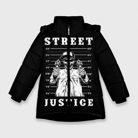 Зимняя куртка для девочек 3D с принтом Street justice в Рязани, ткань верха — 100% полиэстер; подклад — 100% полиэстер, утеплитель — 100% полиэстер. | длина ниже бедра, удлиненная спинка, воротник стойка и отстегивающийся капюшон. Есть боковые карманы с листочкой на кнопках, утяжки по низу изделия и внутренний карман на молнии. 

Предусмотрены светоотражающий принт на спинке, радужный светоотражающий элемент на пуллере молнии и на резинке для утяжки. | justice | s | skeleton | skull | street | банда | бандана | бандит | бейсболка | графика | иллюстрация | картинка | мода | надпись | оружие | пистолеты | платок | револьверы | рисунок | символ | скелет | справедливость