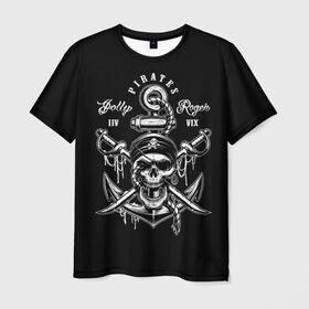 Мужская футболка 3D с принтом Pirates в Рязани, 100% полиэфир | прямой крой, круглый вырез горловины, длина до линии бедер | b | pirates | robbers | sea | skull | бандана | веселый | графика | иллюстрация | канат | картинка | кости | логотип | мода | морские | надпись | оружие | пираты | платок | разбойники | рисунок | роджер | сабли | стиль