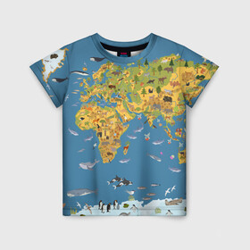 Детская футболка 3D с принтом Карта мира в Рязани, 100% гипоаллергенный полиэфир | прямой крой, круглый вырез горловины, длина до линии бедер, чуть спущенное плечо, ткань немного тянется | азия | акулы | америка | антарктида | бизон | волк | европа | животные | зебра | кабан | карта | киты | лама | лев | лось | материки | медведь | мира | моржи | моря | океаны | пингвины | птицы | реки | рыбы