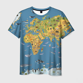 Мужская футболка 3D с принтом Карта мира в Рязани, 100% полиэфир | прямой крой, круглый вырез горловины, длина до линии бедер | Тематика изображения на принте: азия | акулы | америка | антарктида | бизон | волк | европа | животные | зебра | кабан | карта | киты | лама | лев | лось | материки | медведь | мира | моржи | моря | океаны | пингвины | птицы | реки | рыбы