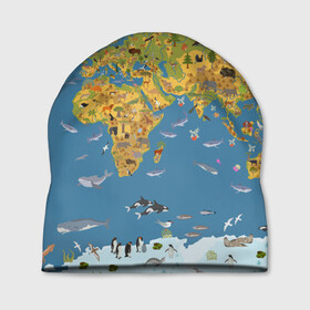 Шапка 3D с принтом Карта мира в Рязани, 100% полиэстер | универсальный размер, печать по всей поверхности изделия | Тематика изображения на принте: азия | акулы | америка | антарктида | бизон | волк | европа | животные | зебра | кабан | карта | киты | лама | лев | лось | материки | медведь | мира | моржи | моря | океаны | пингвины | птицы | реки | рыбы