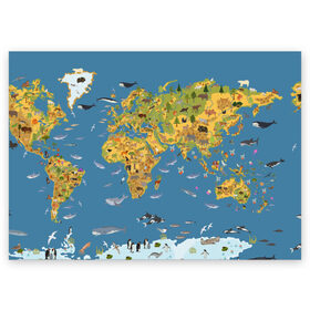 Поздравительная открытка с принтом Карта мира в Рязани, 100% бумага | плотность бумаги 280 г/м2, матовая, на обратной стороне линовка и место для марки
 | Тематика изображения на принте: азия | акулы | америка | антарктида | бизон | волк | европа | животные | зебра | кабан | карта | киты | лама | лев | лось | материки | медведь | мира | моржи | моря | океаны | пингвины | птицы | реки | рыбы