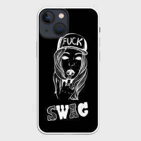 Чехол для iPhone 13 mini с принтом Swag BLACK в Рязани,  |  | authority | beautifu | cool | girl | авторитет | бейсболка | буквы | графика | девушка | иллюстрация | картинка | кольца | красивая | крутая | мода | надпись | палец | показывает | рисунок | средний | стиль | текст