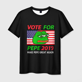 Мужская футболка 3D с принтом Vote for pepe в Рязани, 100% полиэфир | прямой крой, круглый вырез горловины, длина до линии бедер | Тематика изображения на принте: bad | dab | frog | good | kek | make pepe great again | pepe | sad | sad frog | vote for pepe | кек | лягушка | мем | мемы | пепе | со смыслом | фрог