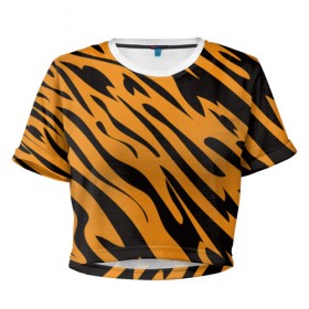 Женская футболка 3D укороченная с принтом Тигр в Рязани, 100% полиэстер | круглая горловина, длина футболки до линии талии, рукава с отворотами | Тематика изображения на принте: животное | зверь | кардашьян | ким | кот | лев | оранжевый | полосы | рыжий | тигр | черный