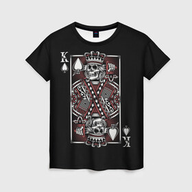Женская футболка 3D с принтом Король пик в Рязани, 100% полиэфир ( синтетическое хлопкоподобное полотно) | прямой крой, круглый вырез горловины, длина до линии бедер | game | king | poker | spades | suit | графика | игра | игральная | иллюстрация | казино | карта | картинка | коллаж | король | корона | мантия | масть | мода | орнамент | пики | покер | разбросаны | рисунок | символ