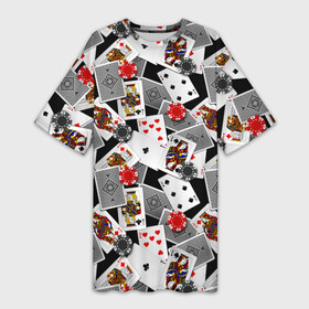 Платье-футболка 3D с принтом Игральные карты в Рязани,  |  | Тематика изображения на принте: буны | вольты | графика | дамы | десятки | игра | игральные | иллюстрация | казино | картинка | карты | коллаж | короли | красные | крести | масть | мода | орнамент | пики | покер | разбросаны | рисунок