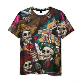 Мужская футболка 3D с принтом Мексиканская Вечеринка в Рязани, 100% полиэфир | прямой крой, круглый вырез горловины, длина до линии бедер | Тематика изображения на принте: party | амиго | маракасы | мексика | мехико | скелет | сомбреро | текила | черепа