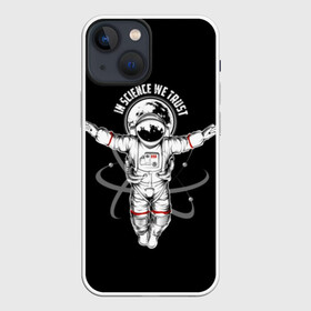 Чехол для iPhone 13 mini с принтом In science we trust в Рязани,  |  | background | believe | black | cosmonaut | drawing | earth | flight | graphics | illustration | in | picture | planet | science | space | text | we | атомы | в | верим | графика | земля | иллюстрация | картинка | космонавт | космос | мы | надпись | наука 