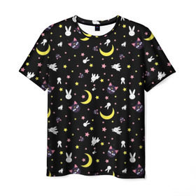 Мужская футболка 3D с принтом Sailor Moon Pattern в Рязани, 100% полиэфир | прямой крой, круглый вырез горловины, длина до линии бедер | Тематика изображения на принте: аниме | детский | зайчик | зая | звезды | кролик | луна в матроске | матросска | месяц | милота | милый | небо | паттерн | сейлор мун | черный