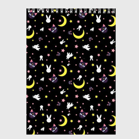 Скетчбук с принтом Sailor Moon Pattern в Рязани, 100% бумага
 | 48 листов, плотность листов — 100 г/м2, плотность картонной обложки — 250 г/м2. Листы скреплены сверху удобной пружинной спиралью | Тематика изображения на принте: аниме | детский | зайчик | зая | звезды | кролик | луна в матроске | матросска | месяц | милота | милый | небо | паттерн | сейлор мун | черный