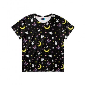Детская футболка 3D с принтом Sailor Moon Pattern в Рязани, 100% гипоаллергенный полиэфир | прямой крой, круглый вырез горловины, длина до линии бедер, чуть спущенное плечо, ткань немного тянется | Тематика изображения на принте: аниме | детский | зайчик | зая | звезды | кролик | луна в матроске | матросска | месяц | милота | милый | небо | паттерн | сейлор мун | черный