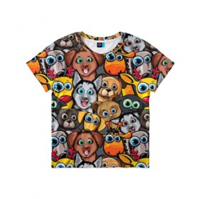 Детская футболка 3D с принтом Веселые собаки в Рязани, 100% гипоаллергенный полиэфир | прямой крой, круглый вырез горловины, длина до линии бедер, чуть спущенное плечо, ткань немного тянется | Тематика изображения на принте: бульдог | голубые глаза | доберман | животные | жирафы | котики | милые | олени | разноцветные | собаки | хаски | яркие