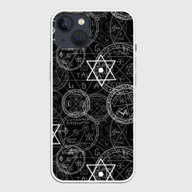 Чехол для iPhone 13 с принтом Мистический узор в Рязани,  |  | background | black | circles | david | drawing | fashion | graphics | halloween | illustration | mystical | ornament | pattern | picture | star | style | symbols | графика | звезда | иллюстрация | картинка | круги | мистический | мода | оккульт | орнамент