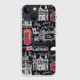 Чехол для iPhone 13 mini с принтом Лондон в Рязани,  |  | butterfly | car | england | fashion | london | queen | style | taxi | tree | uk | англия | бабочка | башня | великобритания | галстук | город | графика | дерево | дизайн | дождь | картинка | королева | лондон | машина | мода | надпись