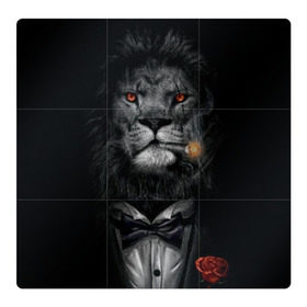 Магнитный плакат 3Х3 с принтом Лев в смокинге в Рязани, Полимерный материал с магнитным слоем | 9 деталей размером 9*9 см | бабочка | грива | грозный | лев | роза | серьезный | хищник | царь | церь зверей