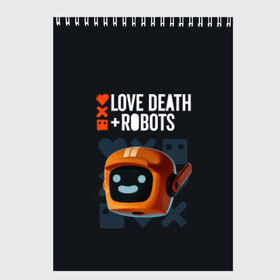 Скетчбук с принтом Love Death & Robots в Рязани, 100% бумага
 | 48 листов, плотность листов — 100 г/м2, плотность картонной обложки — 250 г/м2. Листы скреплены сверху удобной пружинной спиралью | cartoon | death | fantasy | heavy | horror | metal | miller | netflix | robots | tim | witness | любовь | миллер | мультфильм | робот | роботы | тим | ужасы | фэнтези