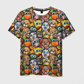Мужская футболка 3D с принтом Веселые собачки в Рязани, 100% полиэфир | прямой крой, круглый вырез горловины, длина до линии бедер | Тематика изображения на принте: бульдог | голубые глаза | доберман | животные | жирафы | котики | милые | олени | разноцветные | собаки | хаски | яркие