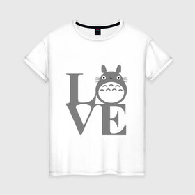 Женская футболка хлопок с принтом Love Totoro в Рязани, 100% хлопок | прямой крой, круглый вырез горловины, длина до линии бедер, слегка спущенное плечо | Тематика изображения на принте: forest | friend | ghibli | japan | keeper | miyazaki | nature | neigbor | neighbour | totoro | анимация | аниме | гибли | дерево | друг | животные | лес | люблю | любовь | милый | мир | миядзаки | мульт | мультфильм | приключения | природа