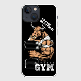 Чехол для iPhone 13 mini с принтом Go heavy or go home в Рязани,  |  | angry | animal | bull | cool | fitness | heavy | home | logo | sport | team | wild | атлет | большая | бык | вес | гимнастика | девиз | дикий | домой | животное | знак | зубы | иди | кольцо | крутой | культурист | лозунг | надпись