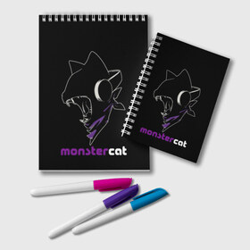 Блокнот с принтом Monstercat в Рязани, 100% бумага | 48 листов, плотность листов — 60 г/м2, плотность картонной обложки — 250 г/м2. Листы скреплены удобной пружинной спиралью. Цвет линий — светло-серый
 | Тематика изображения на принте: monstercat | клуб | клубная музыка | кот | котенок | кошка | лейбл | монстар | монстар кет | монстер | музыка | танцевальная музыка | электронная | электронная музыка