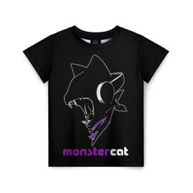 Детская футболка 3D с принтом Monstercat в Рязани, 100% гипоаллергенный полиэфир | прямой крой, круглый вырез горловины, длина до линии бедер, чуть спущенное плечо, ткань немного тянется | monstercat | клуб | клубная музыка | кот | котенок | кошка | лейбл | монстар | монстар кет | монстер | музыка | танцевальная музыка | электронная | электронная музыка