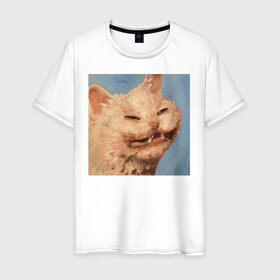 Мужская футболка хлопок с принтом МЕМ КОТ в Рязани, 100% хлопок | прямой крой, круглый вырез горловины, длина до линии бедер, слегка спущенное плечо. | искусство | кот | кот мем | котомем | коты мемы | кошка | кошка мем | лицо | лицо кота | лицо кошки | мем | мем кот | мем кошка | нарисованный | перекосившиеся лицо | рисунок | рожа кота