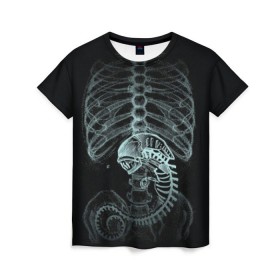 Женская футболка 3D с принтом Чужой на Рентгене в Рязани, 100% полиэфир ( синтетическое хлопкоподобное полотно) | прямой крой, круглый вырез горловины, длина до линии бедер | alien | больница | больной | внутренний мир | врач | клиника | кости | пациент | ребра | рентген | скелет | снимок | хищник