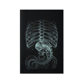 Обложка для паспорта матовая кожа с принтом Чужой на Рентгене  в Рязани, натуральная матовая кожа | размер 19,3 х 13,7 см; прозрачные пластиковые крепления | Тематика изображения на принте: alien | больница | больной | внутренний мир | врач | клиника | кости | пациент | ребра | рентген | скелет | снимок | хищник