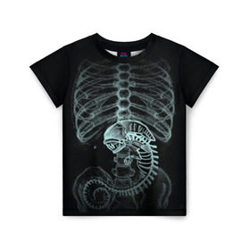 Детская футболка 3D с принтом Чужой на Рентгене в Рязани, 100% гипоаллергенный полиэфир | прямой крой, круглый вырез горловины, длина до линии бедер, чуть спущенное плечо, ткань немного тянется | Тематика изображения на принте: alien | больница | больной | внутренний мир | врач | клиника | кости | пациент | ребра | рентген | скелет | снимок | хищник