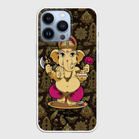 Чехол для iPhone 13 Pro с принтом Ganesha в Рязани,  |  | Тематика изображения на принте: animal | ax | crown | decoration | elephant | ethnic | flower | food | god | gold | hands | hold | india | lily | mouse | благополучие | бог | божество | ганеша | держит | еда | животное | золото | индия | индуизм | корона | лилия | м | много | мудрость |