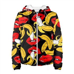 Женская куртка 3D с принтом Губы и бананы в Рязани, ткань верха — 100% полиэстер, подклад — флис | прямой крой, подол и капюшон оформлены резинкой с фиксаторами, два кармана без застежек по бокам, один большой потайной карман на груди. Карман на груди застегивается на липучку | background | bananas | black | drawing | erotic | food | fruit | lips | red | womens | бананы | губы | еда | женские | красные | рисунок | фон | фрукты | черный