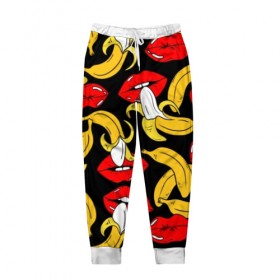 Мужские брюки 3D с принтом Губы и бананы в Рязани, 100% полиэстер | манжеты по низу, эластичный пояс регулируется шнурком, по бокам два кармана без застежек, внутренняя часть кармана из мелкой сетки | background | bananas | black | drawing | erotic | food | fruit | lips | red | womens | бананы | губы | еда | женские | красные | рисунок | фон | фрукты | черный