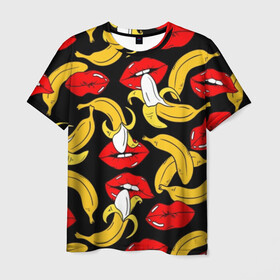 Мужская футболка 3D с принтом Губы и бананы в Рязани, 100% полиэфир | прямой крой, круглый вырез горловины, длина до линии бедер | background | bananas | black | drawing | erotic | food | fruit | lips | red | womens | бананы | губы | еда | женские | красные | рисунок | фон | фрукты | черный